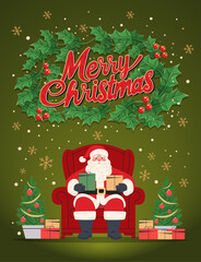 Santa Claus with gifts festive Christmas theme. Santa sits on a red chair holding presents surrounded by holly snowflakes and decorated trees on a green background