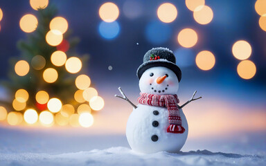 Fototapeta premium Christmas winter background, snowman and blurred bokeh background with copy space. Merry Christmas and happy new year greeting card concept