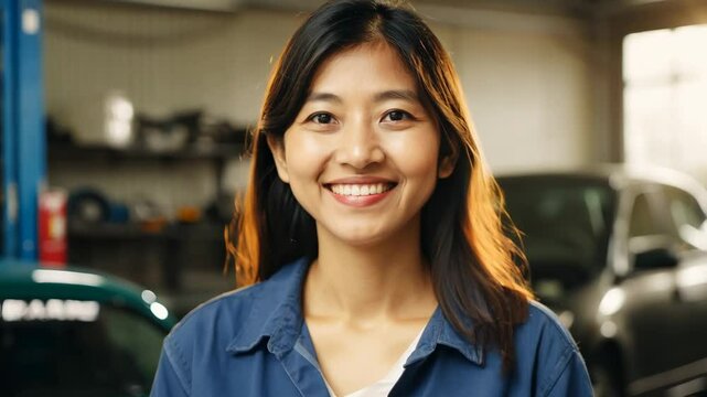 Smiley young Asian female car repair master looking at camera. A joyful car repair master who makes every visit enjoyable with her enthusiasm and skills!