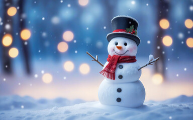 Fototapeta premium Christmas winter background, snowman and blurred bokeh background with copy space. Merry Christmas and happy new year greeting card concept
