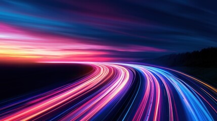A Curved Road Illuminated by Colorful Light Trails at Sunset