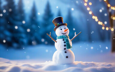 Fototapeta premium Christmas winter background, snowman and blurred bokeh background with copy space. Merry Christmas and happy new year greeting card concept