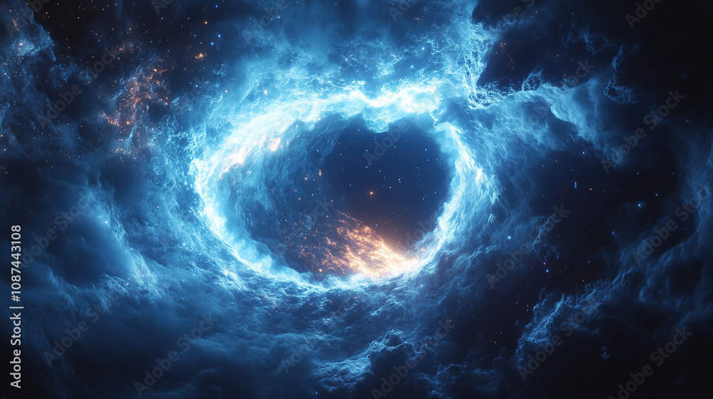 Aufkleber a swirling cosmic vortex illuminated by brilliant blue light and fiery elements in deep space displa