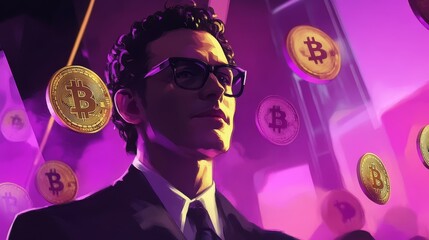 Businessman wearing glasses is surrounded by spinning bitcoin coins, representing investment, finance, and the future of cryptocurrency in a vibrant purple setting