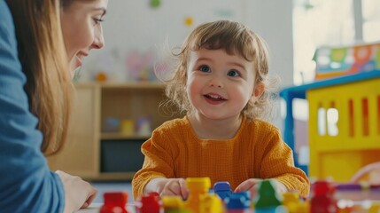 Child with a disability interacting with a therapist, engaging in developmental activities