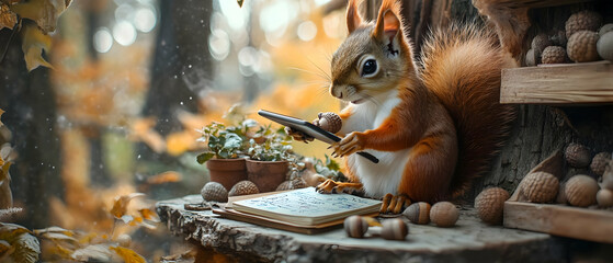 Obraz premium A charming squirrel sits at a wooden table, engaging with nature, surrounded by acorns and pots in a vibrant autumn setting.