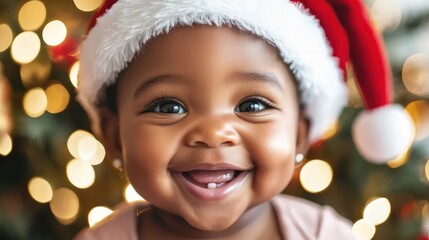 African-American cute baby portrait, child with very expressive face wearing Christmas Santa's hat, joy happiness and surprise bold intensive emotions, festive background or banner, AI image