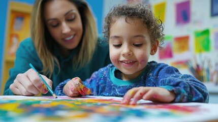 Child with special needs participating in art therapy, creating expressive artwork with the help of an instructor