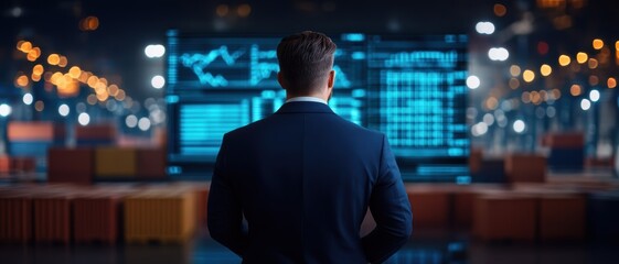 Fototapeta premium Tariffs and Trade policy agreement concept. A professional looking at data visualizations in a futuristic setting, highlighting analytics and business insights.