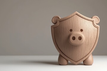 Social security funding policy concept. A charming wooden piggy bank designed with a shield shape, symbolizing savings and protection.