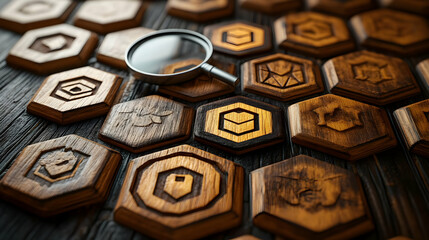 A close-up of hexagonal wooden coasters with detailed designs, showcasing craftsmanship and natural textures.