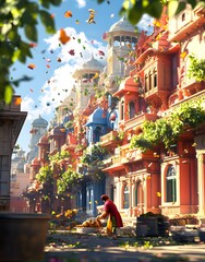 Fototapeta premium A vibrant street scene with colorful buildings and a person interacting with a lion.