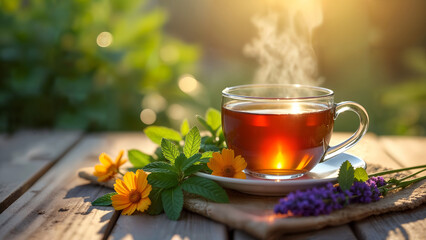 Fototapeta premium Mesmerizing Photography of a Cup of Tea Infused with Organic Herbs Against a Tranquil Background