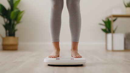 Standing on digital weight scale, person in gray leggings shows moment of self reflection in bright, modern space filled with plants