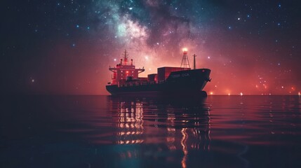 A cargo ship sails on a calm sea at night, with the Milky Way galaxy shining brightly above.