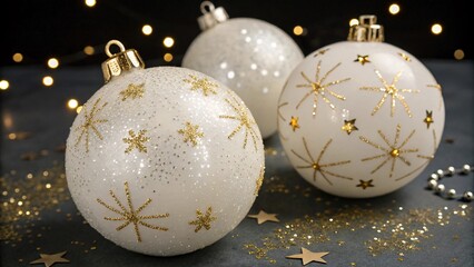 Fototapeta premium White Christmas balls with golden sparkles scattered across the surface, creating a magical effect. 