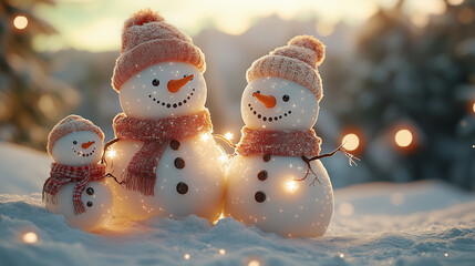 Joyful Snowman Family Enjoying Winter Sunlight in Snowy Field