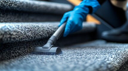 Person carefully vacuums stairs to maintain cleanliness and improve hygiene in the home
