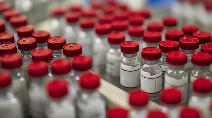 Fototapeta premium Close up View of Numerous Pharmaceutical Vials in a Manufacturing Line