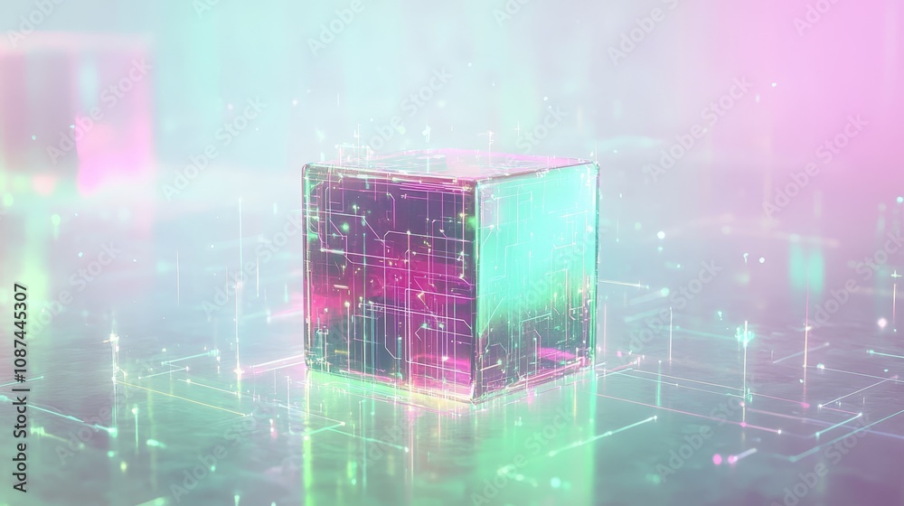 Poster complex network of data processing inside a glass cube standing on a circuit board, representing adv
