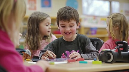 Fototapeta premium Classroom with children of varying abilities, working together on a group project