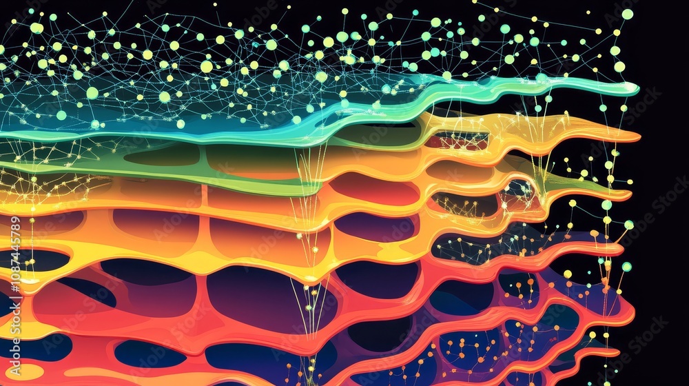 Poster complex network visualization with colorful wavy layers intertwined with glowing nodes and connectio