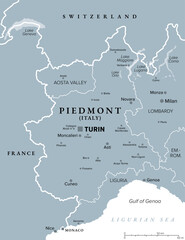 Piedmont region in northwest Italy, gray political map. Second largest Italian region with capital Turin bordering France, Switzerland, and regions Aosta Valley, Lombardy, Emilia-Romagna, and Liguria.