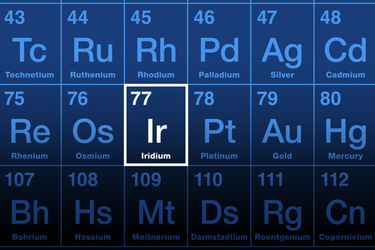 Iridium, chemical element on periodic table. Transition metal in the platinum group with atomic number 77 and symbol Ir, derived from Greek word iris, meaning rainbow. Most corrosion resistant metal.