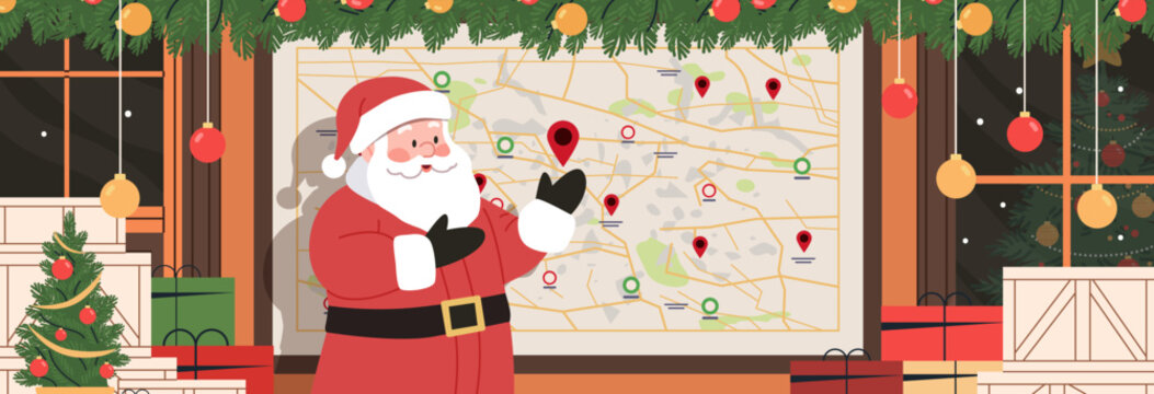 Santa Claus Christmas map planning festive scene presents pine tree decorations holiday theme colorful design