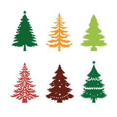 Illustration of Three aligned adorned minimalist Christmas trees with star on top, snowed landscape, cartoon clipart in pastel tones, 2D vector art