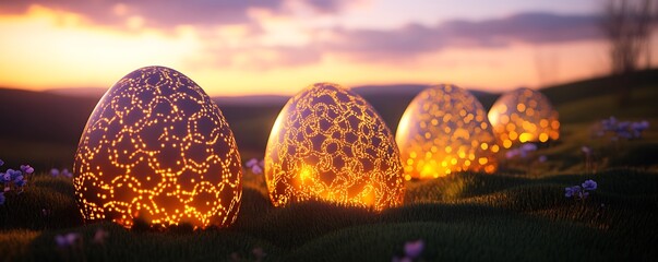 Softly glowing Easter eggs with illuminated patterns set against a twilight backdrop ,