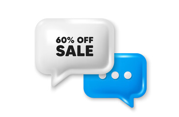 Sale 60 percent off discount. Chat speech bubble 3d icon. Promotion price offer sign. Retail badge symbol. Sale chat offer. Speech bubble banner. Text box balloon. Vector