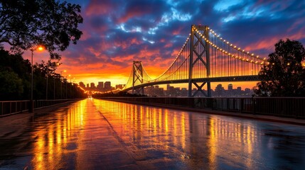Fototapeta premium A vibrant sunset illuminates a bridge, reflecting colors on a wet road, surrounded by trees and city silhouettes, creating a serene and picturesque urban landscape.