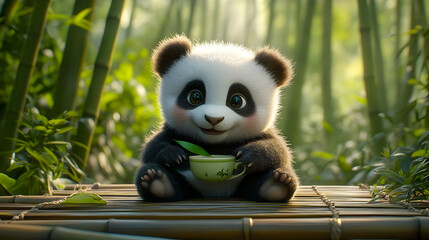 Obraz premium A cute panda happily enjoys a bowl of bamboo in a serene bamboo forest setting.