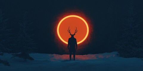 A silhouette of a figure with antlers stands against a large, glowing orange sun in a snowy landscape, evoking a mystical and surreal atmosphere.