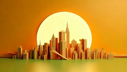 Obraz premium Business concept of forecast, increase and recovery. A vibrant sunset casts a warm glow over a stylized city skyline, showcasing tall buildings against an orange backdrop.