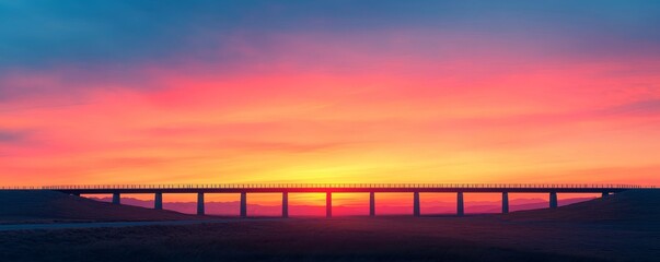 Naklejka premium A stunning sunset casts vibrant colors over a bridge, creating a picturesque scene with silhouettes against a backdrop of pink and orange hues.
