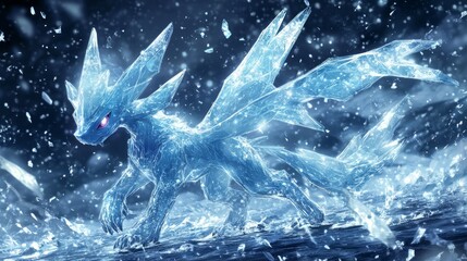 Naklejka premium Powerful ice dragon with crystal-like wings walking through a blizzard in a frozen landscape, showcasing fantasy and mythical creature themes