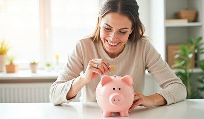 A happy young blurred woman throws a coin into a piggy bank
