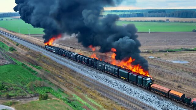 A burning train. Oil or toxic chemicals leak and ignite. Acrid smoke is released into the atmosphere. Witness the catastrophic train fire, where toxic chemicals ignite and release acrid smoke.