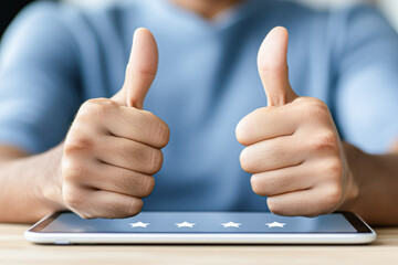 A man is giving thumbs up to a tablet that has four stars on it