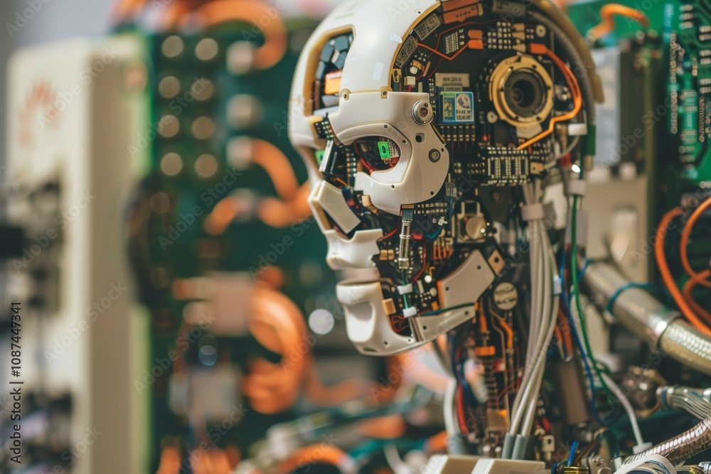 Poster a close-up of a robot's circuitry ,a close-up of a robot head showcasing intricate electronics and c