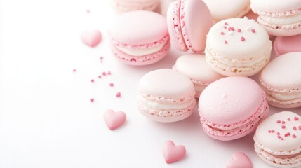 Obraz premium Soft pink and white macarons with heart sprinkles on a white background, creating a delicate and romantic mood.