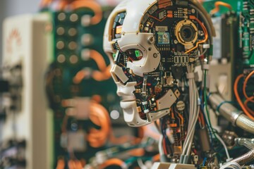 A close-up of a robot's circuitry ,A close-up of a robot head showcasing intricate electronics and colorful wires, highlighting its advanced technology.