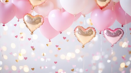 Pink and white heart balloons cascading against a light background with bokeh, creating a festive and romantic atmosphere.