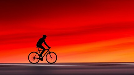 Fototapeta premium A silhouette of a cyclist rides against a vibrant sunset, showcasing a serene moment of adventure and freedom on an empty road.
