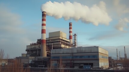 Industrial power plant with smokestacks releasing steam against a clear blue sky in the afternoon