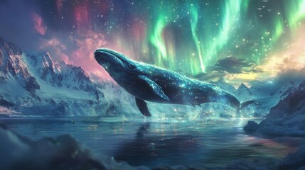 Fototapeta premium Glowing whale swimming over icy waters with snowy mountains in the background, under a beautiful aurora borealis illuminating the night sky, creating a magical and surreal atmosphere