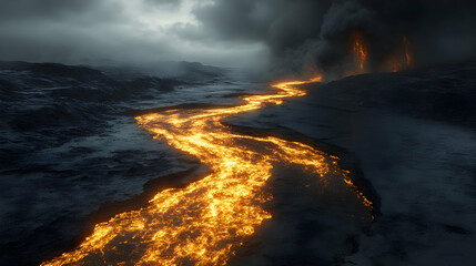 Fototapeta premium A dramatic volcanic landscape featuring flowing lava under a moody sky, showcasing nature's raw power and beauty.