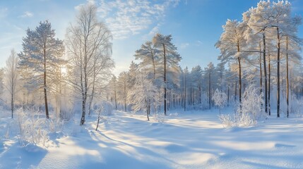 Fototapeta premium A serene winter wonderland landscape with snow-covered trees and sunlight filtering through branches in a tranquil forest